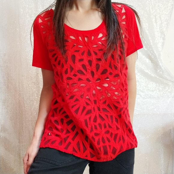 Babaton Tops | Babaton Red See Through Mesh Silk Mixed Top S | Poshmark